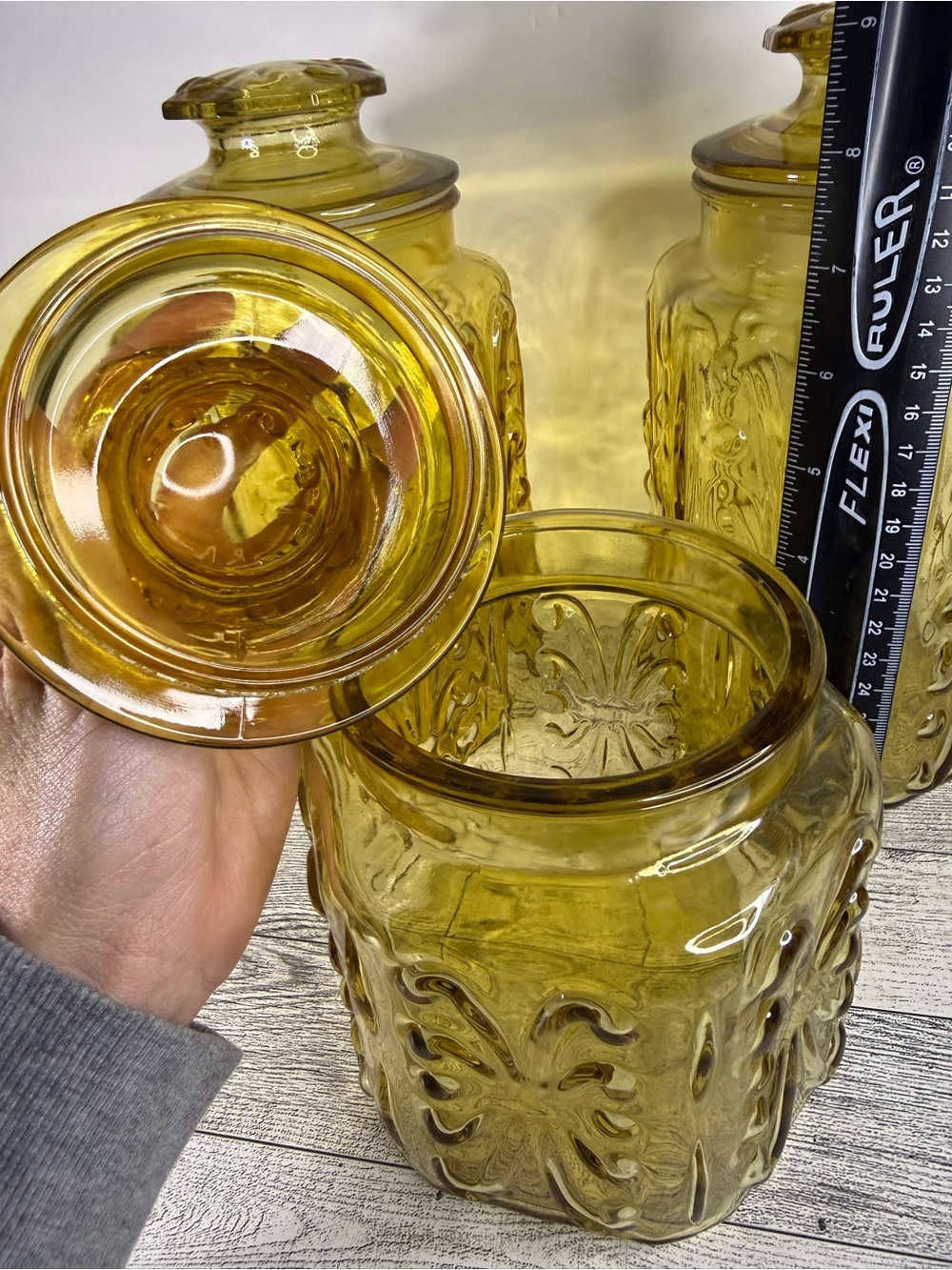 vintage LE Smith Amber Glass Atterbury Scroll canister set of 3 - Picture 6 of 8